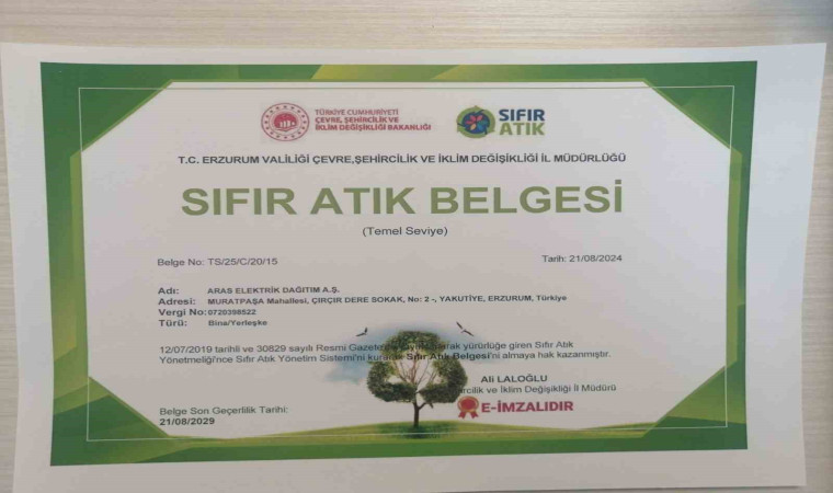 Aras EDAŞ sürdürülebilirlik çalışmaları kapsamında ‘Sıfır atık belgesi’ni aldı